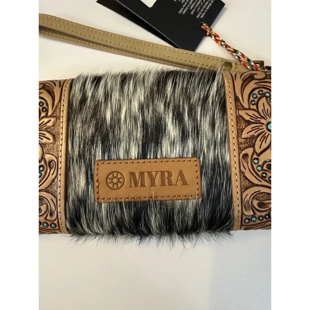 NWT Myra Bag Exclusive Hand Tooled Leather Cowhide Wristlet Wallet Turquoise